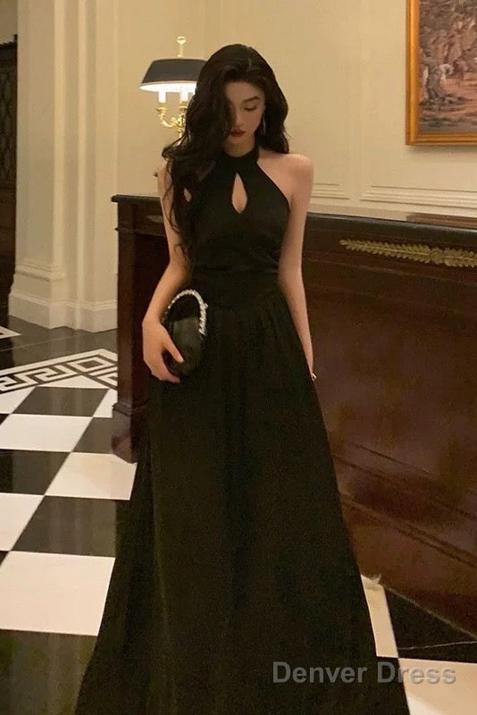 French A Line Halter Sleeveless Black Prom Dresses Birthday Outfits