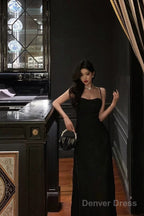 French A Line Spaghetti Straps Black Long Lace Prom Dresses Birthday Outfits Prom Gowns