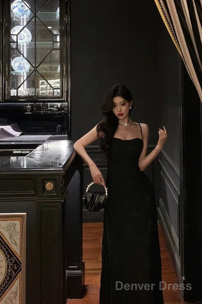 French A Line Spaghetti Straps Black Long Lace Prom Dresses Birthday Outfits Prom Gowns