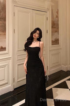 French A Line Spaghetti Straps Black Long Lace Prom Dresses Birthday Outfits Evening Gown
