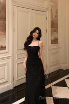 French A Line Spaghetti Straps Black Long Lace Prom Dresses Birthday Outfits Prom Gowns