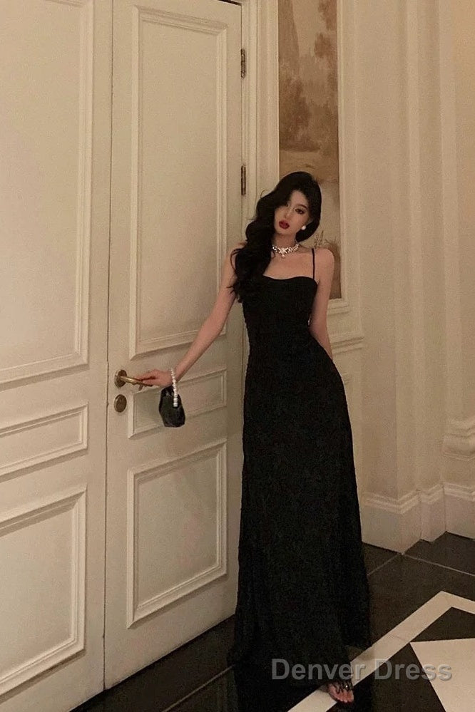 French A Line Spaghetti Straps Black Long Lace Prom Dresses Birthday Outfits Prom Gowns