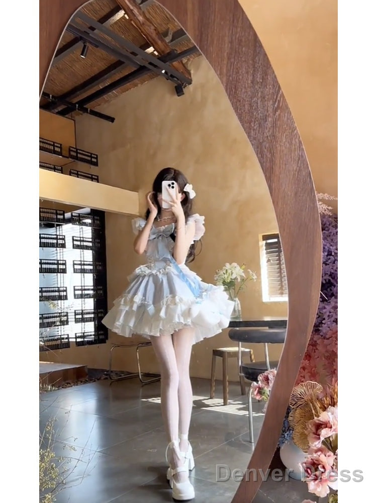 French Ball Gowns Square Neckline Short Tulle Blue Lolita Dress Prom Dresses Birthday Outfits