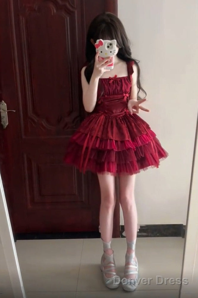 French Ball Gowns Square Neckline Short Tulle Burgundy Lolita Dress Prom Dresses Birthday Outfits