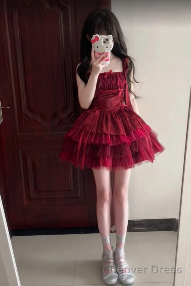 French Ball Gowns Square Neckline Short Tulle Burgundy Lolita Dress Prom Dresses Birthday Outfits
