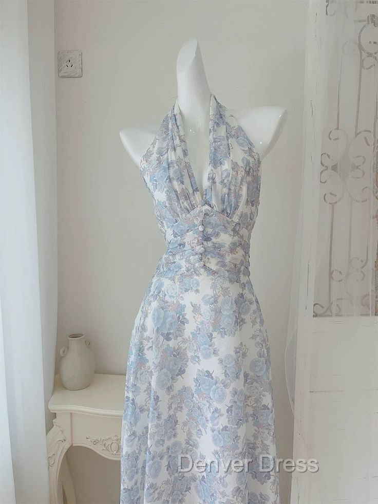 French Halter V Neck Print Floral Long Prom Dress Chiffon Prom Dresses Secondary image