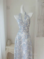 French Halter V Neck Print Floral Long Prom Dress Chiffon Prom Dresses
