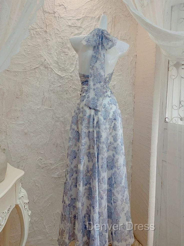 French Halter V Neck Print Floral Long Prom Dress Chiffon Prom Dresses