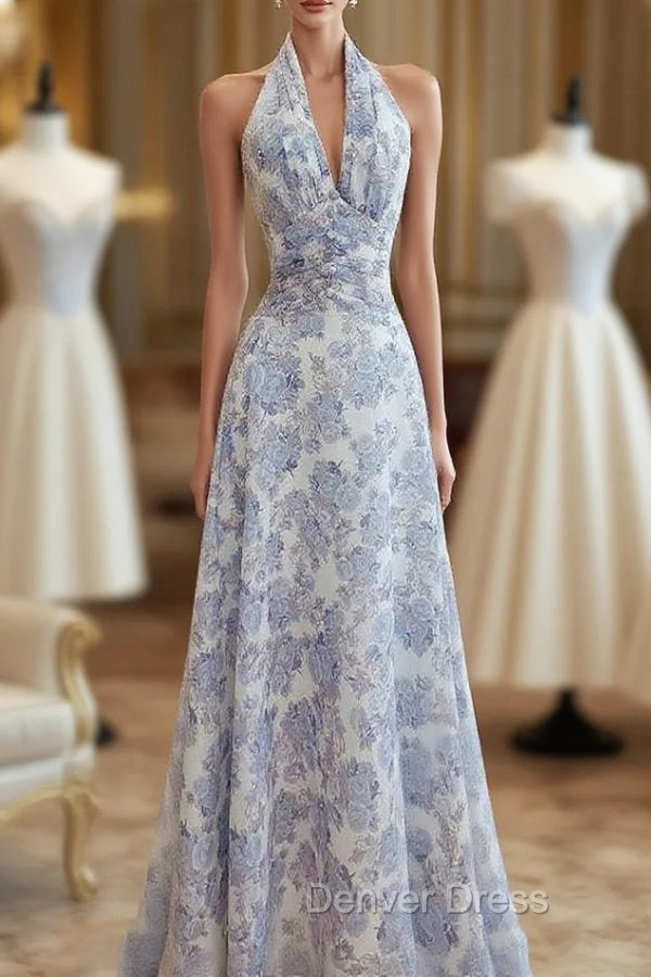 French Halter V Neck Print Floral Long Prom Dress Chiffon Prom Dresses Main image