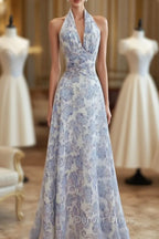 French Halter V Neck Print Floral Long Prom Dress Chiffon Prom Dresses