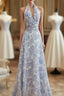 French Halter V Neck Print Floral Long Prom Dress Chiffon Prom Dresses