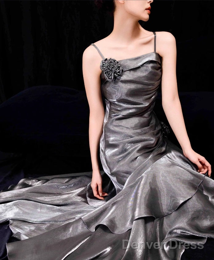 French Mermaid Spaghetti Straps Ruffles Silver Gray Prom Dresses Long Birthday Outfits