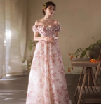 French Pink Printed A-Line Off-The-Shoulder Bow Tulle Long Prom Dresses Evening Dresses