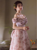 French Pink Printed A-Line Off-The-Shoulder Bow Tulle Long Prom Dresses Evening Dresses