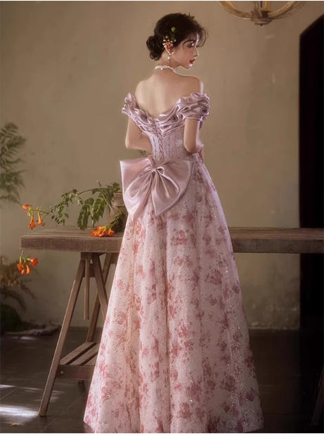French Pink Printed A-Line Off-The-Shoulder Bow Tulle Long Prom Dresses Evening Dresses