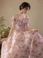 French Pink Printed A-Line Off-The-Shoulder Bow Tulle Long Prom Dresses Evening Dresses