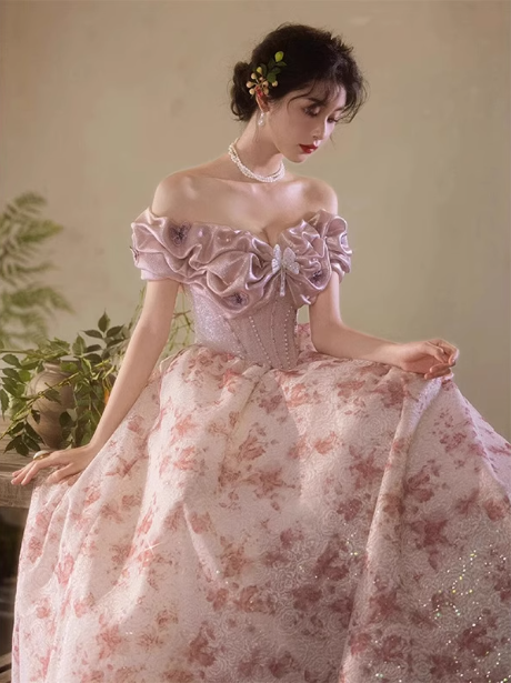 French Pink Printed A-Line Off-The-Shoulder Bow Tulle Long Prom Dresses Evening Dresses