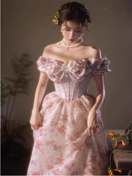 French Pink Printed A-Line Off-The-Shoulder Bow Tulle Long Prom Dresses Evening Dresses Main image