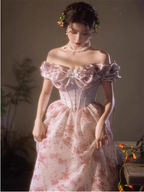 French Pink Printed A-Line Off-The-Shoulder Bow Tulle Long Prom Dresses Evening Dresses