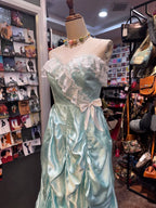 French Retro Mint Green A-Line Strapless Lace Ruffle Satin Long Prom Dresses Evening Dresses