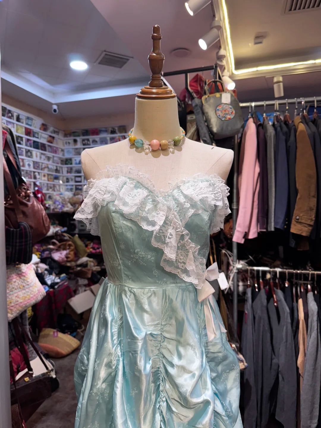 French Retro Mint Green A-Line Strapless Lace Ruffle Satin Long Prom Dresses Evening Dresses