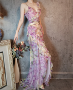 French Romantic Purple Floral Print V-Neck Backless Layered Pleated Chiffon Prom Dresses Evening Dresses