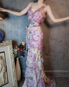 French Romantic Purple Floral Print V-Neck Backless Layered Pleated Chiffon Prom Dresses Evening Dresses
