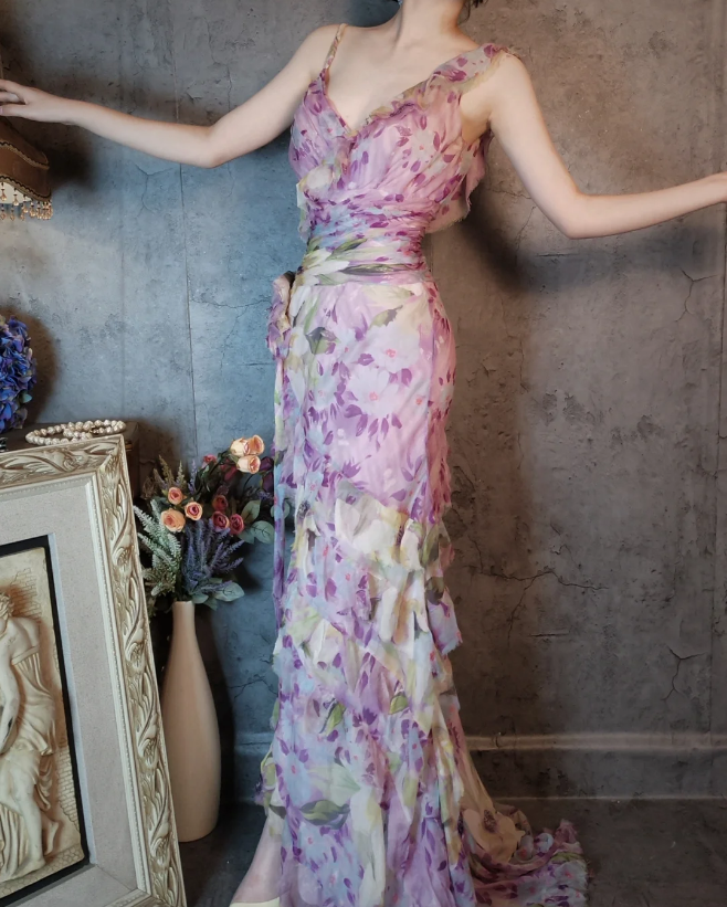 French Romantic Purple Floral Print V-Neck Backless Layered Pleated Chiffon Prom Dresses Evening Dresses