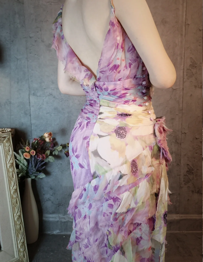 French Romantic Purple Floral Print V-Neck Backless Layered Pleated Chiffon Prom Dresses Evening Dresses