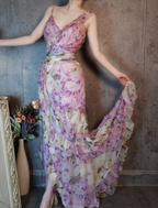 French Romantic Purple Floral Print V-Neck Backless Layered Pleated Chiffon Prom Dresses Evening Dresses