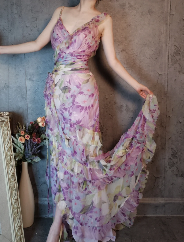 French Romantic Purple Floral Print V-Neck Backless Layered Pleated Chiffon Prom Dresses Evening Dresses