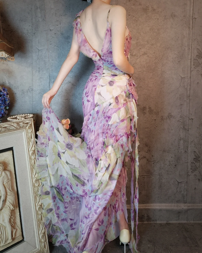 French Romantic Purple Floral Print V-Neck Backless Layered Pleated Chiffon Prom Dresses Evening Dresses