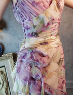 French Romantic Purple Floral Print V-Neck Backless Layered Pleated Chiffon Prom Dresses Evening Dresses