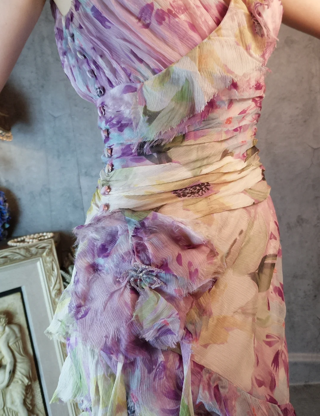 French Romantic Purple Floral Print V-Neck Backless Layered Pleated Chiffon Prom Dresses Evening Dresses