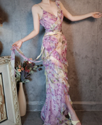French Romantic Purple Floral Print V-Neck Backless Layered Pleated Chiffon Prom Dresses Evening Dresses