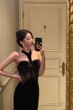 French Sheath High Neckline Black Velvet Long Prom Dresses Birthday Outfits