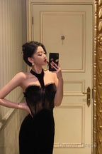 French Sheath High Neckline Black Velvet Long Prom Dresses Birthday Outfits