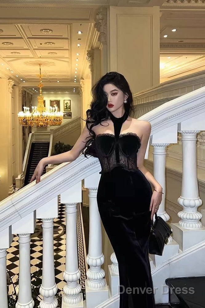French Sheath High Neckline Black Velvet Long Prom Dresses Birthday Outfits