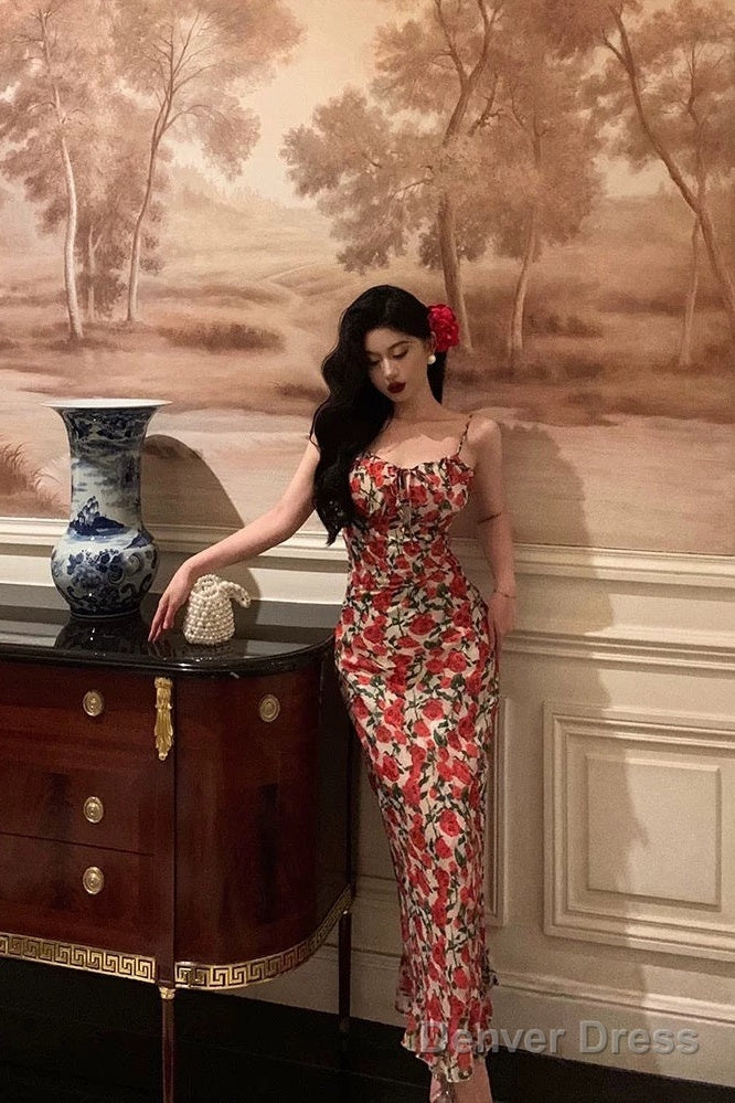 Sexy Sheath Spaghetti Straps Floral Long Prom Dresses Birthday Outfits Evening Gown main image 1