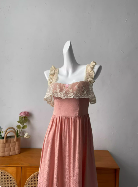 French Style Blush Pink Spaghetti Strap Square Neck Lace Jacquard Satin Prom Dresses Evening Dresses