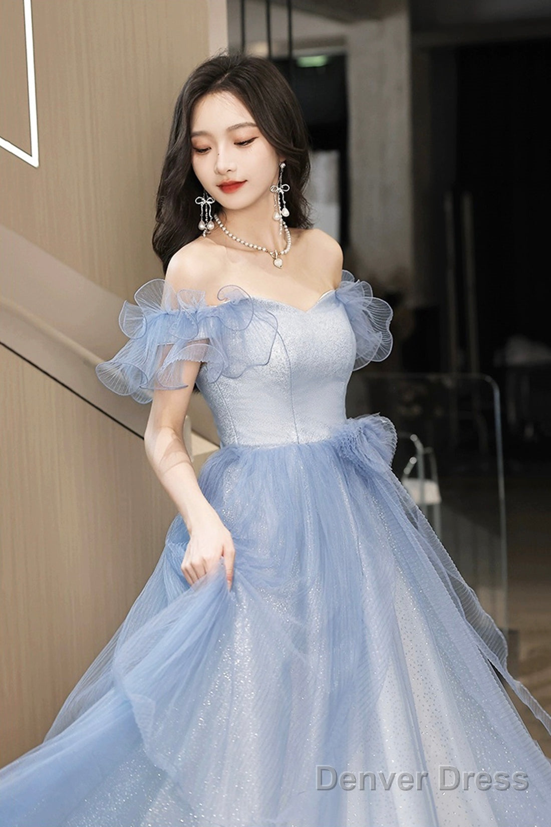 French Stylish Off Shoulder Blue Tulle Prom Dress With Bow – Denver Dress
