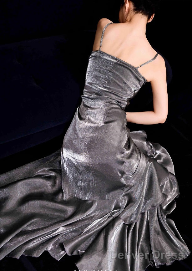 French Vintage Mermaid Spaghetti Straps Ruffles Silver Gray Prom Dresses Birthday Outfits
