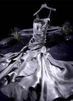 French Vintage Mermaid Spaghetti Straps Ruffles Silver Gray Prom Dresses Birthday Outfits