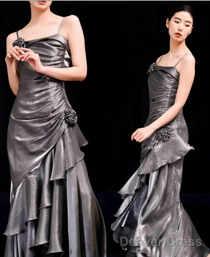 French Vintage Mermaid Spaghetti Straps Ruffles Silver Gray Prom Dresses Long Birthday Outfits