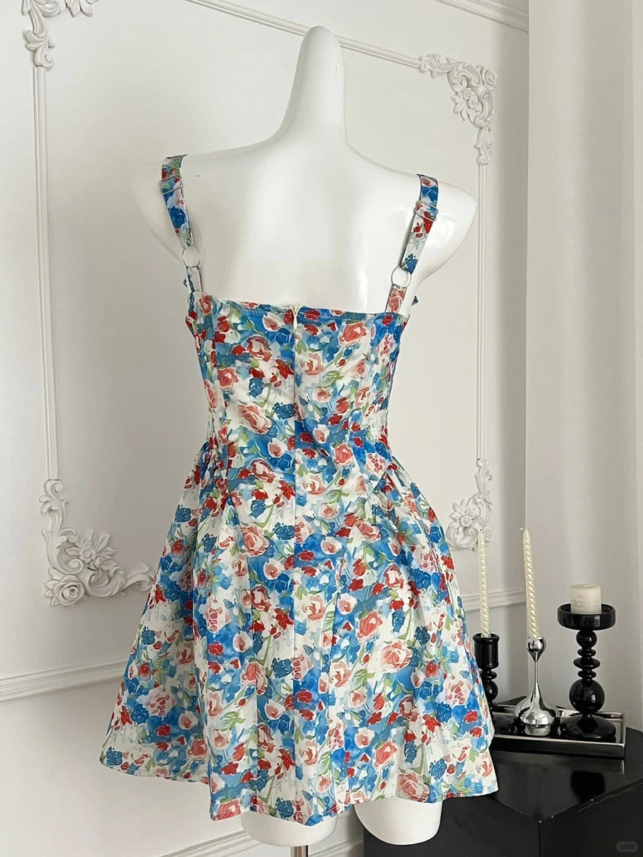 Fresh Blue Floral Waist Thin Strap Square Neck A-Line Short 16Th Birthday Homecoming Dresses