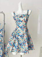 Fresh Blue Floral Waist Thin Strap Square Neck A-Line Short 16Th Birthday Homecoming Dresses