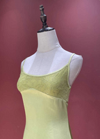 Fresh Elegant Pale Yellow Green Spaghetti Strap Lace Satin Prom Dresses Evening Dresses