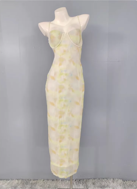 Fresh Gradient Print Spaghetti Strap Chiffon Long Prom Dresses