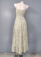 Fresh Green A-Line Spaghetti Strap V-Neck Floral Print Cotton Long Prom Dresses