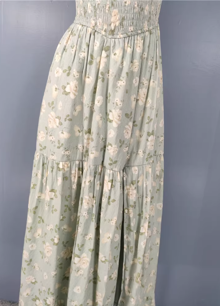 Fresh Green A-Line Spaghetti Strap V-Neck Floral Print Cotton Long Prom Dresses